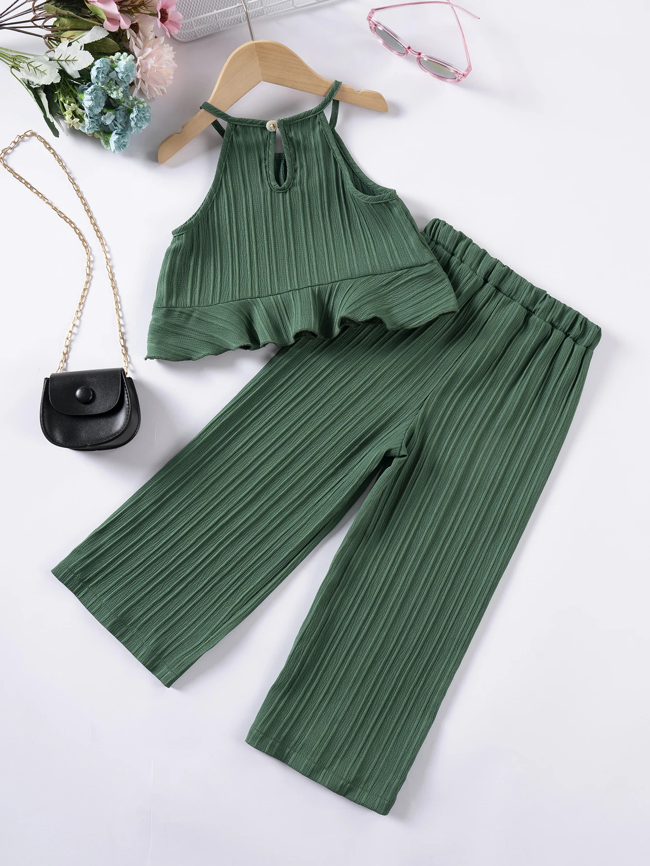 Girls Summer Beach Vacation Outfit Flattering Halter Cami Top with Ruched Detail Flowy Wide Leg Pants Chic Clothes Sets 250517z