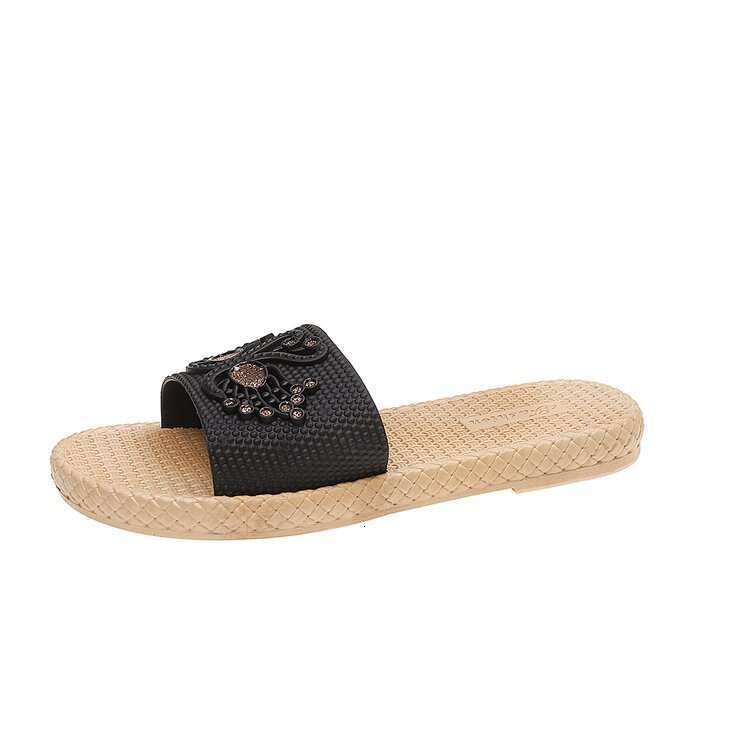 Exquisite Rhinestones Fashionable Linen Sandals Designer Sandals 2025 Home Anti Slip Flat Bottomed Silent New Chinese Style Four Season Women's S