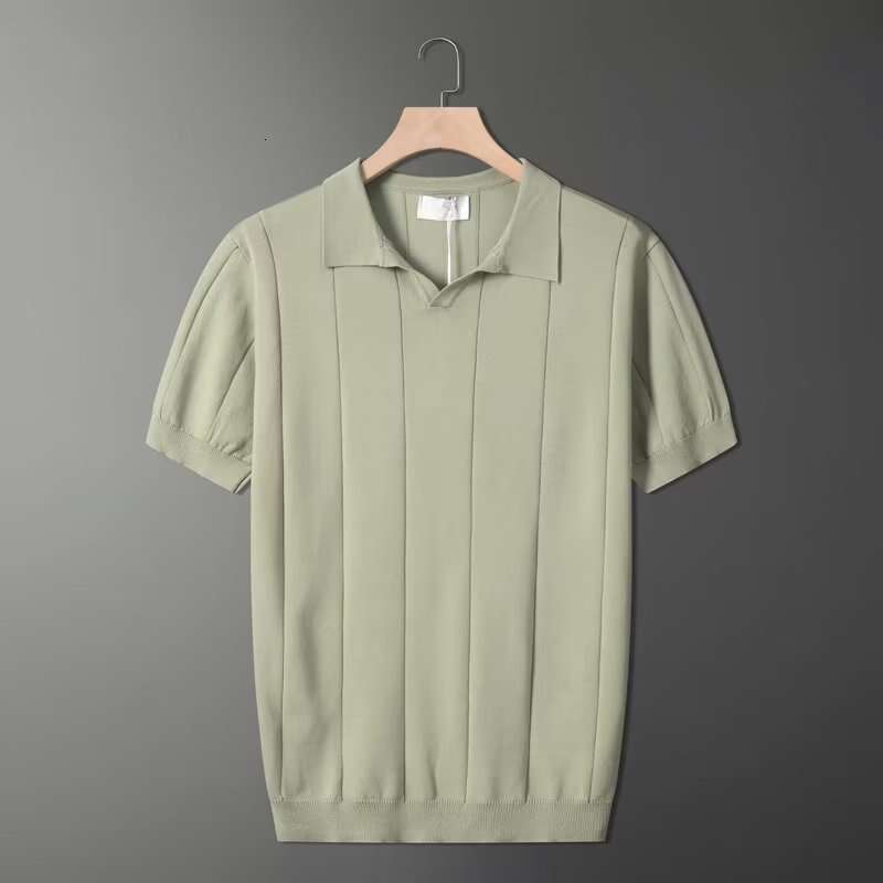 Summer Thin Knitted Ice Silk Solid Short Sleeve Paul Shirt Men's Simple Multi Color Collar Top Clothes