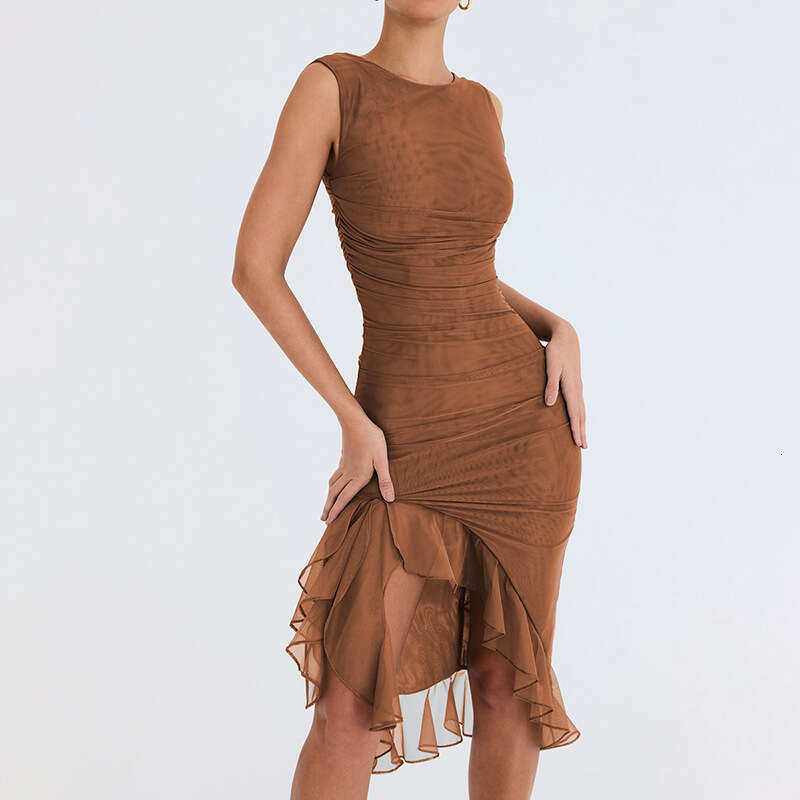 Halter Whit Maxi Dresses Women S Spring Summer New Fashionable Round Neck Sleeveless Sexy Tight Backless Pleated Mid Length Dress Prom Sexy Dress
