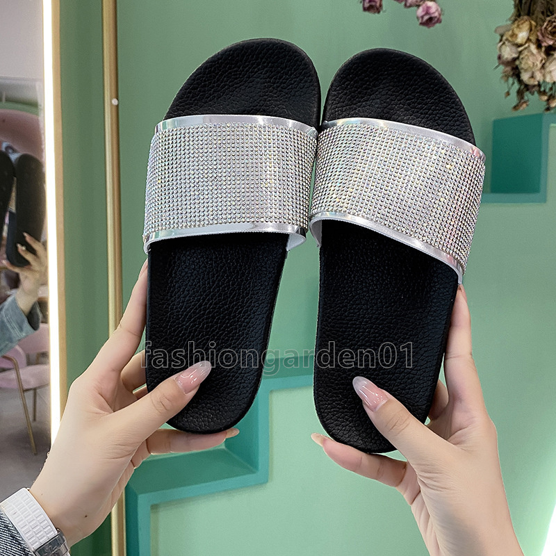 2025 designer slides womens sandals flats slippers soft-soled luxury fashion glitter diamond slipper women non-slip slide summer casual beach pool mul