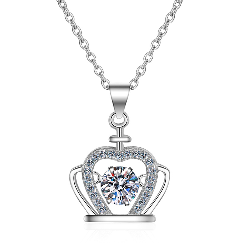 Sterling Silver Heart Crown Pendant Necklace with Dazzling Center Stone