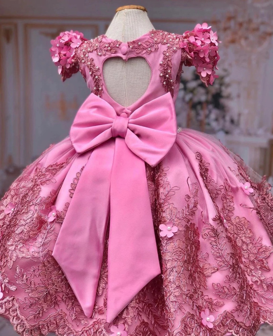 Luxury Pink Flower Girl Dresses Beads With Bow Puffy Kids Birthday Pageant Dress Children Toddler Baby For Wedding Ball Gown