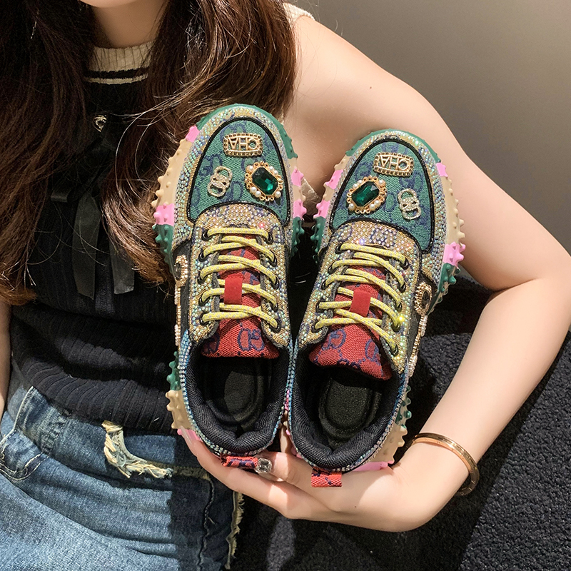 Luxury Women's Shoes Rhinestone Mixed colors Sports Shoes Diamond Breathable Designer Thick Soled Casual Shoes High-quality and Comfortable Outdo