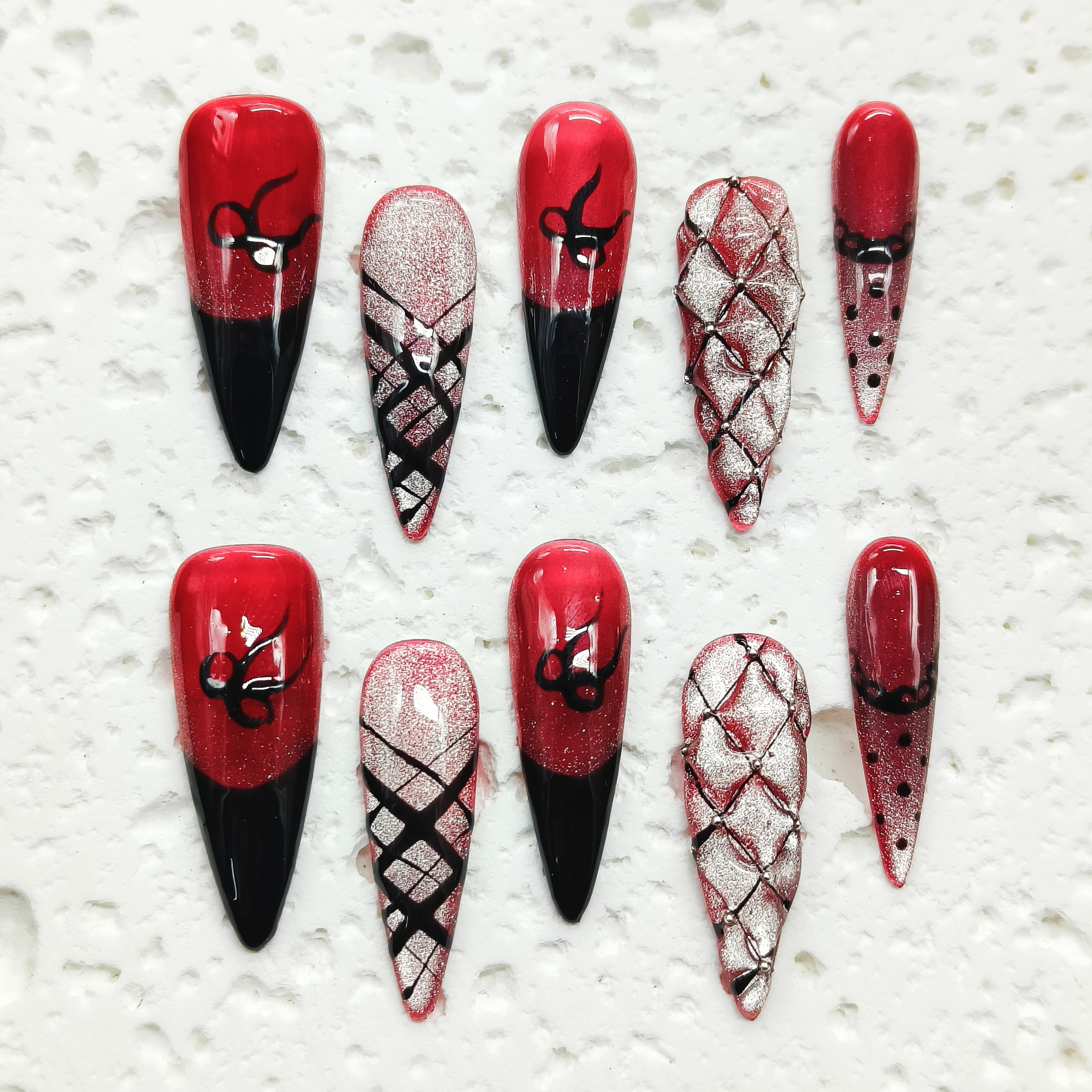 10pcs French Tip Handmade Press-on nails Long Stiletto Nails Handrawn 3D Fake nails Bundle Sexy Bow Cat Eye Finished nail stickers Free storage box je