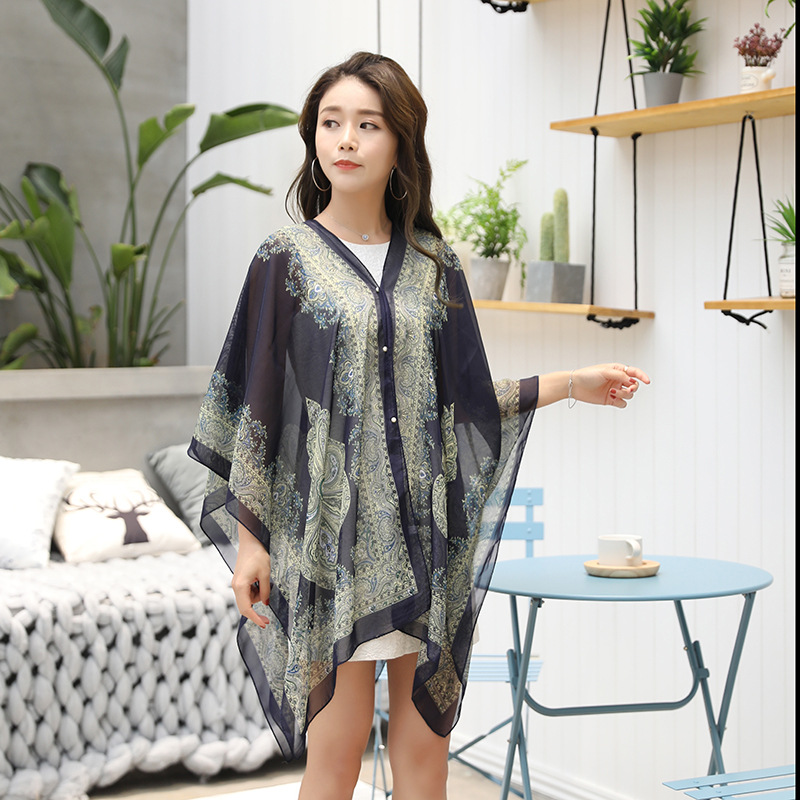 K802 Multi-purpose beach scarf cashew flower beaded shawl chiffon print anti-ultraviolet sunscreen versatile shawl