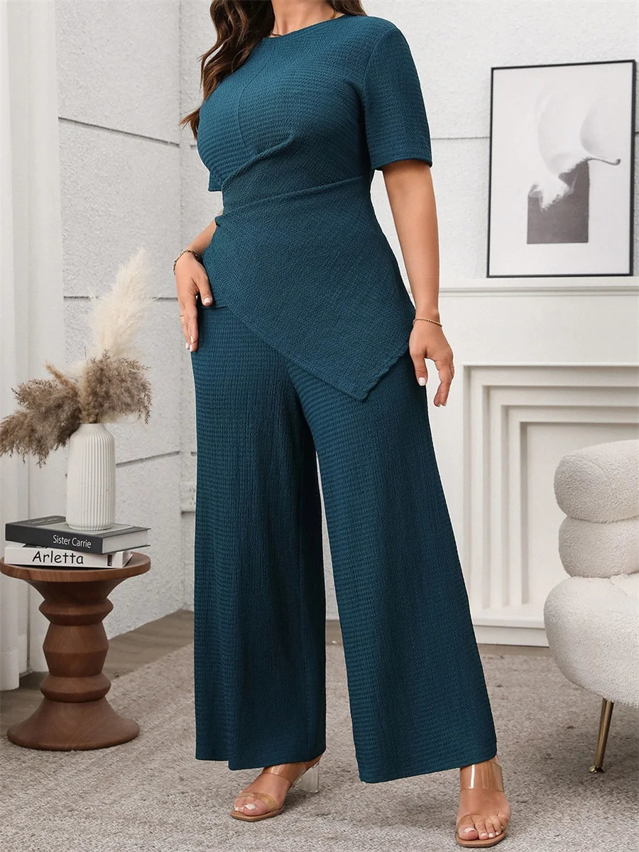 Women Plus Size Outfits Summer 4XL Fat Girl Casual Solid Color Irregular TShirts and Elastic Wide Leg Pants Set Streetwear 250516Z