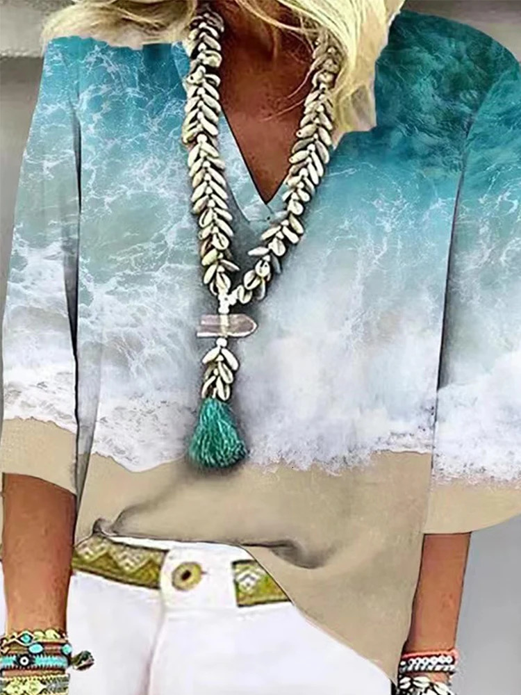 Plus Size 5XL 2025 Summer Casual Tee Shirt Womens V Neck Tops Loose Size Short Sleeve Wave Print Pullover Fashion Tshirt 250517