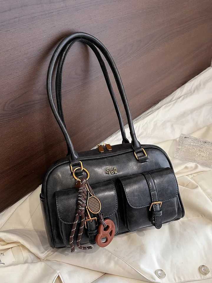 Vintage Brown Tote Bag for Women Crossbody Shoulder Bag with Metal Buckles Keychain Stylish Spacious Daily Purse Y250626