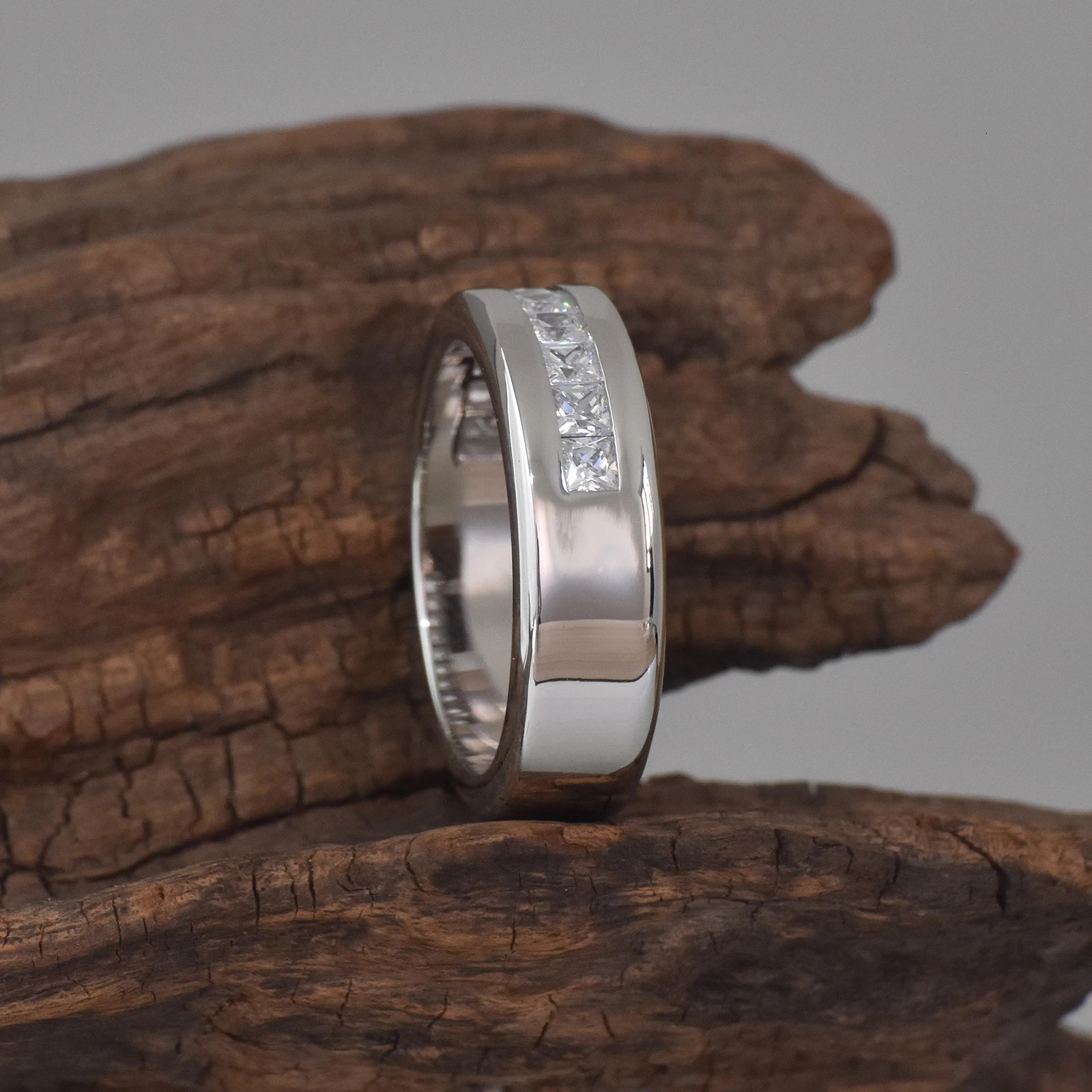 she 925 Sterling Silver Mens Wedding Band Half Princess Cut Lab Created Diamond Ring Jewelry 250522