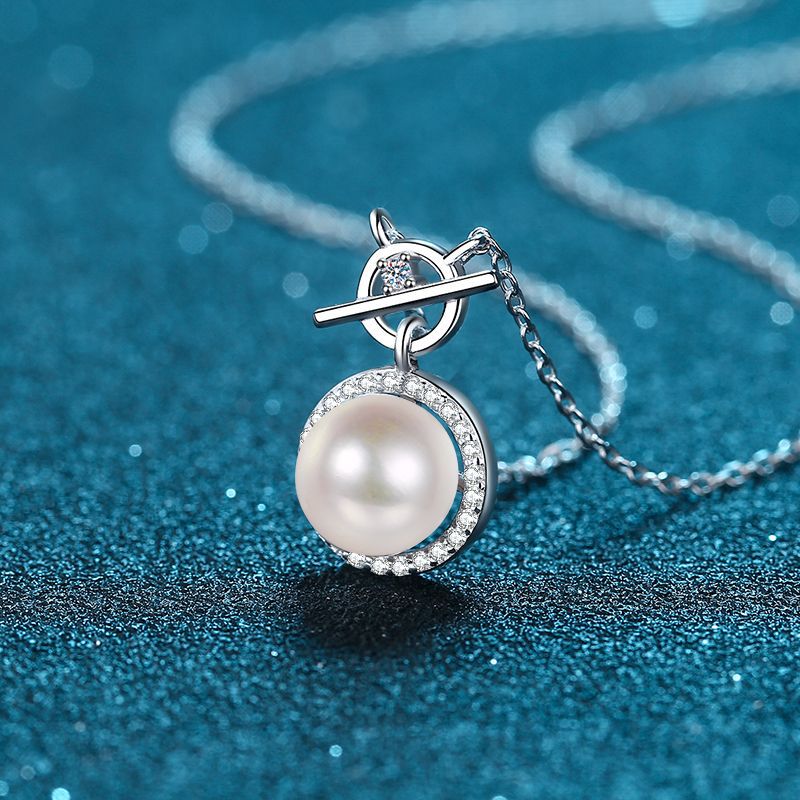 925 Sterling Silver Freshwater Pearl Moissanite Pendant Necklace with 9mm Flawless Pearl for Women, Lock Clasp Design, Elegant Jewelry Gift