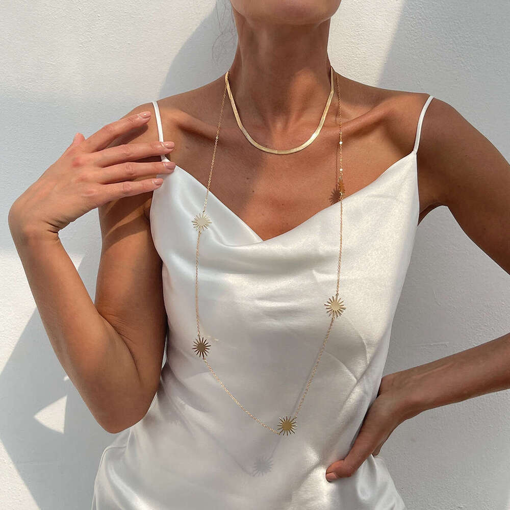 Solar Motif Serpentine Inspired Necklace Set Adjustable Long line Clavicle Chain with Geometric Metal Accents Gold and White K