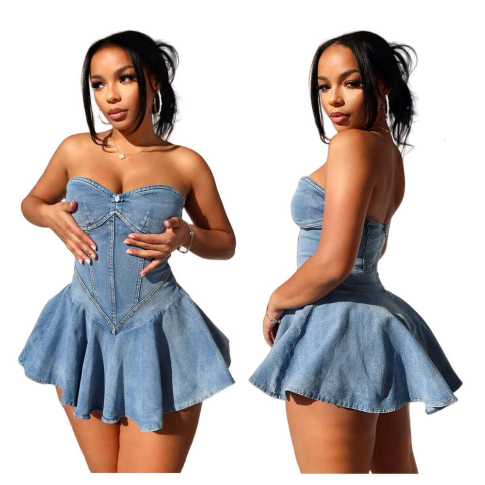 Halter Whit Maxi Dresses New Denim MZ Strapless Slim Fit Elastic Ruffle Edge Dress Prom Sexy Dress