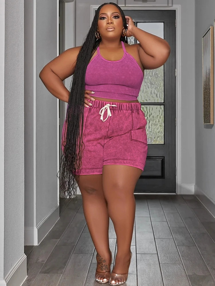 2 Pieces Set Sexy Plus Size Summer Fashion Women Female Tops Sleeveless And Shorts Suit Matching Outfit Oversized 250516Z