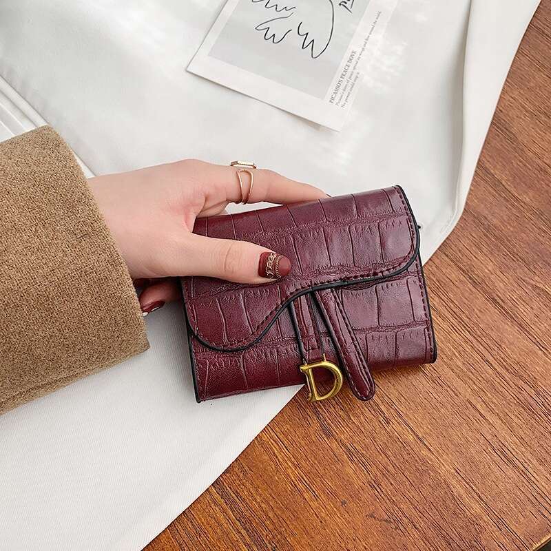 Women's long and simple trendy buckle folding stone pattern multi slot card short small money bag zero wallet