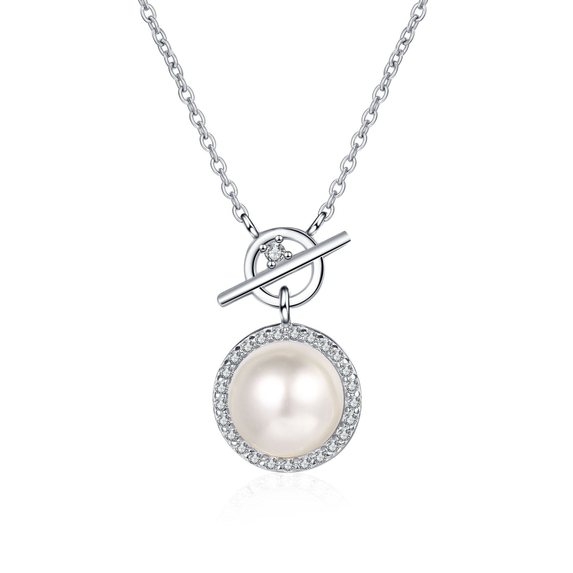 925 Sterling Silver Freshwater Pearl Moissanite Pendant Necklace with 9mm Flawless Pearl for Women, Lock Clasp Design, Elegant Jewelry Gift