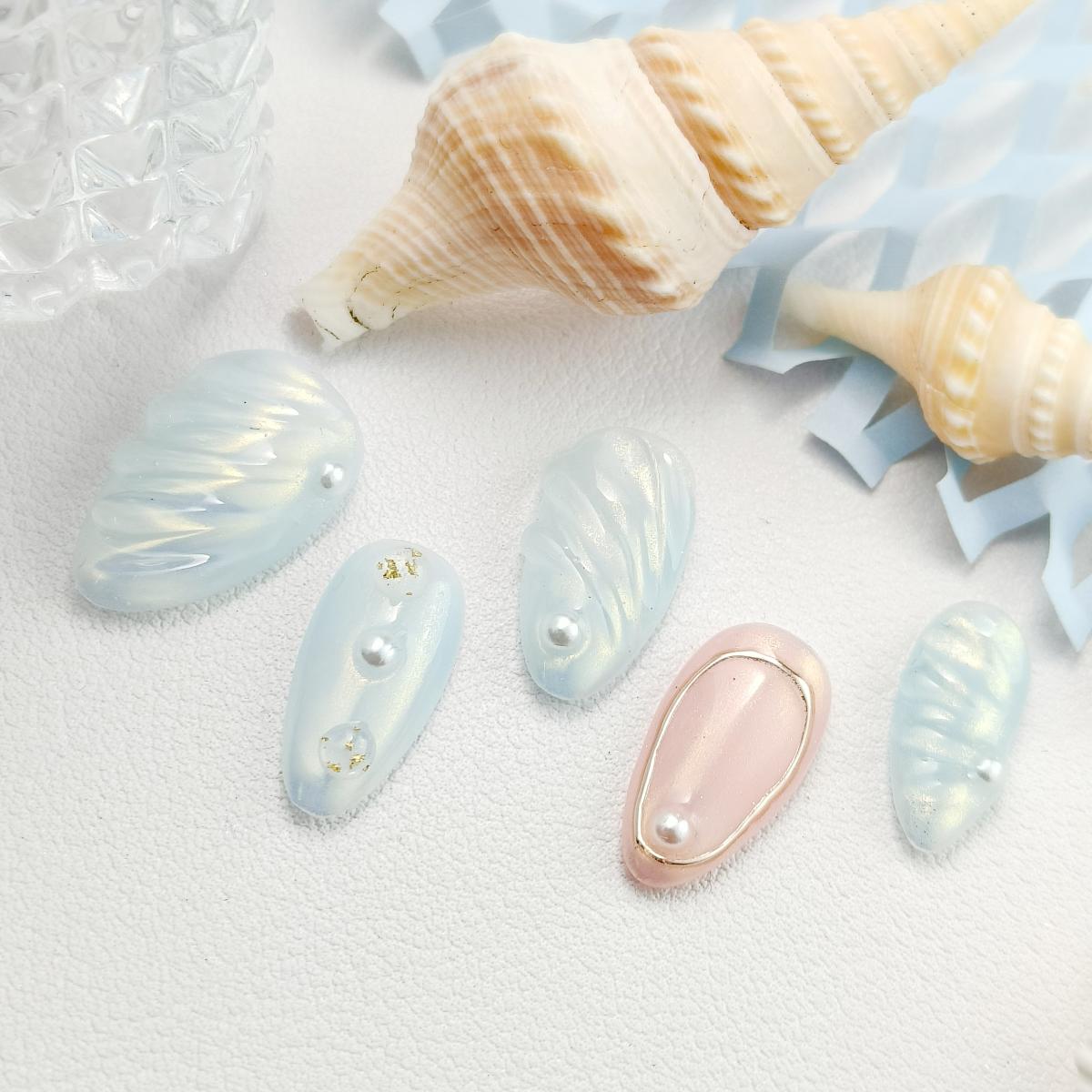 10pcs Ocean series Handmade Press-on nail Shore Almond Nails 3D Hand drawn Fake nails Bundle Sweet Pearl Finished nail stickers Free storage box jelly