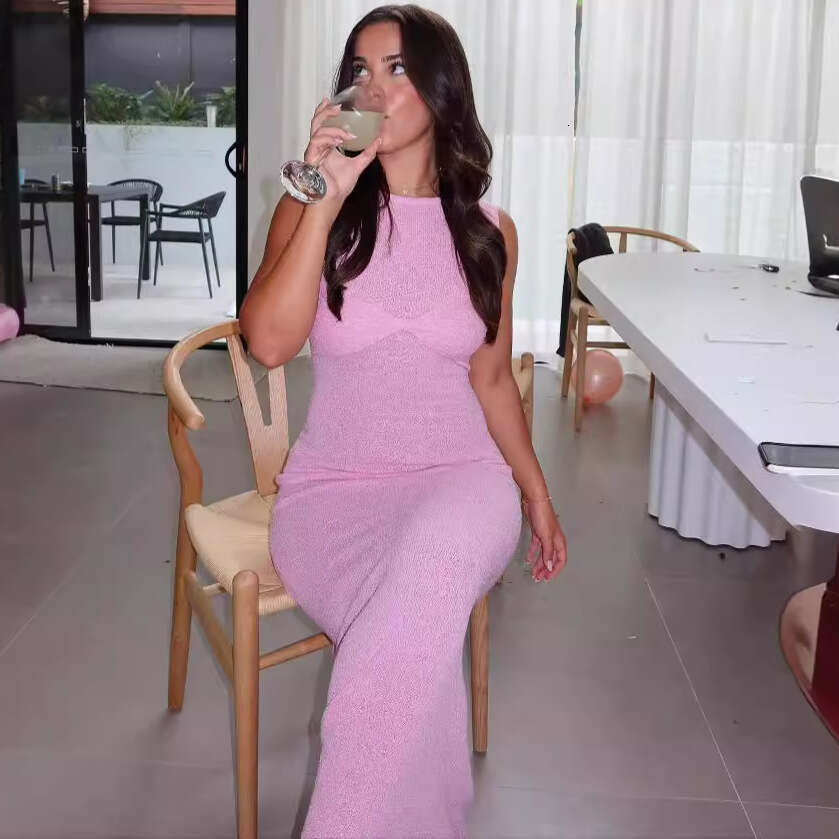 Halter Whit Maxi Dresses Sleeveless Tight Fitting Long Skirt Round Neck Knitted Solid Color Beach Summer Dress Women S Clothing Prom Sexy Dress