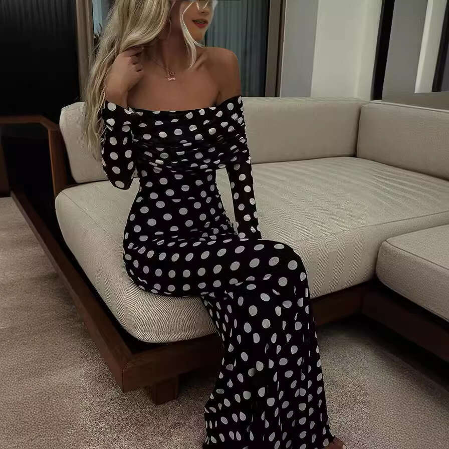Halter Whit Maxi Dresses Spring Summer New Yarn Mesh Dot Spliced One Shoulder Sexy Slim Fit Dress For Women Prom Sexy Dress