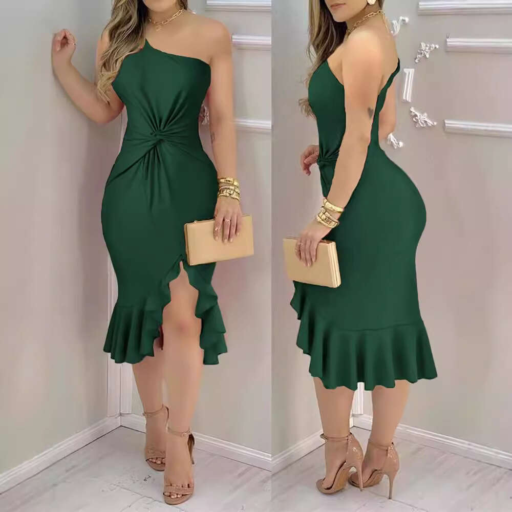 Halter Whit Maxi Dresses Summer Women S Solid Backless Ruffle Edge Slim Fit Long Banquet Party Oblique Shoulder Dress Prom Sexy Dress