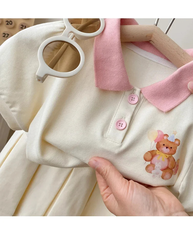 Childrens Clothing Sets 2023 Kids Clothes Girls Bear Print Lapel Tshirt Pleated Skirt 2pcs Girl Baby Outfit Set 250517z