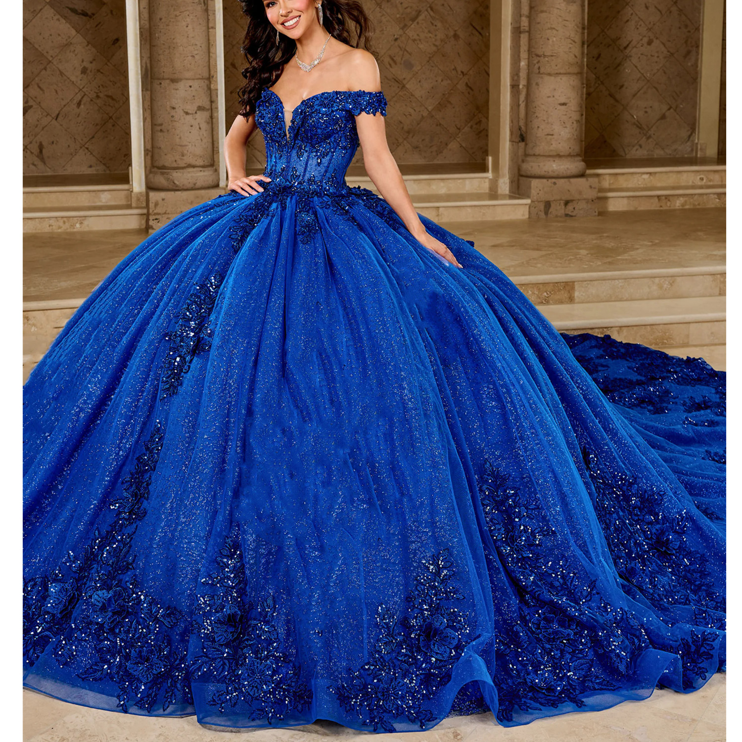 Princess Royal Blue Quinceanera Dresses A Line Off Shoulder Lace 3D Applique Sweet 16 Gowns Sweep Train Backless Prom Party Gowns PLUS Size