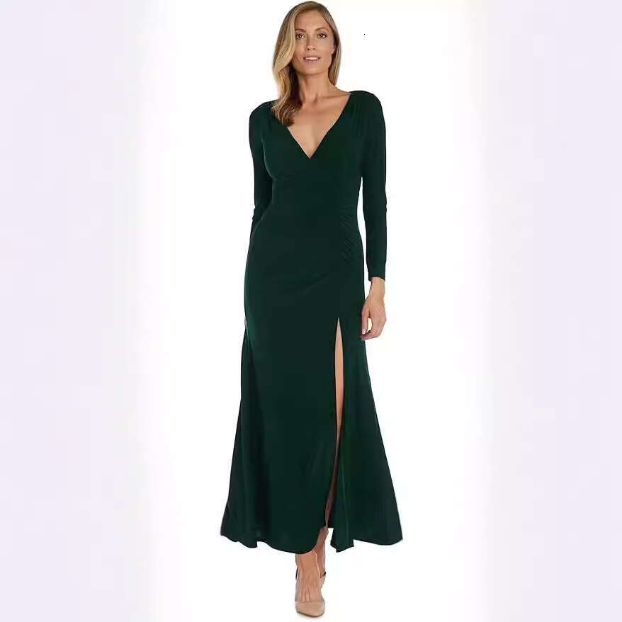 Halter Whit Maxi Dresses New Evening Tight V Neck Ruffles And Side Split Long Sleeve Dress For Women Prom Sexy Dress