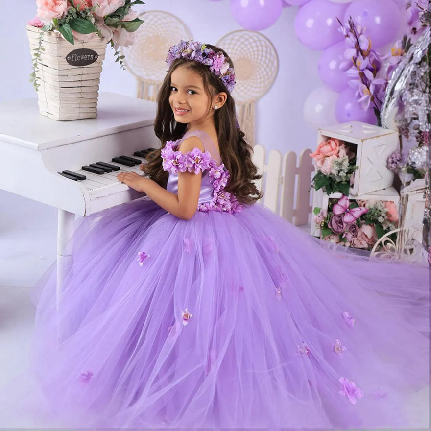 2025 Purple Little Girls Birthday Dress Flower Girl Dress Communion Gowns Sheer Neck Hand Made Flowers Princess Queen Birthday Party Dress for Little 