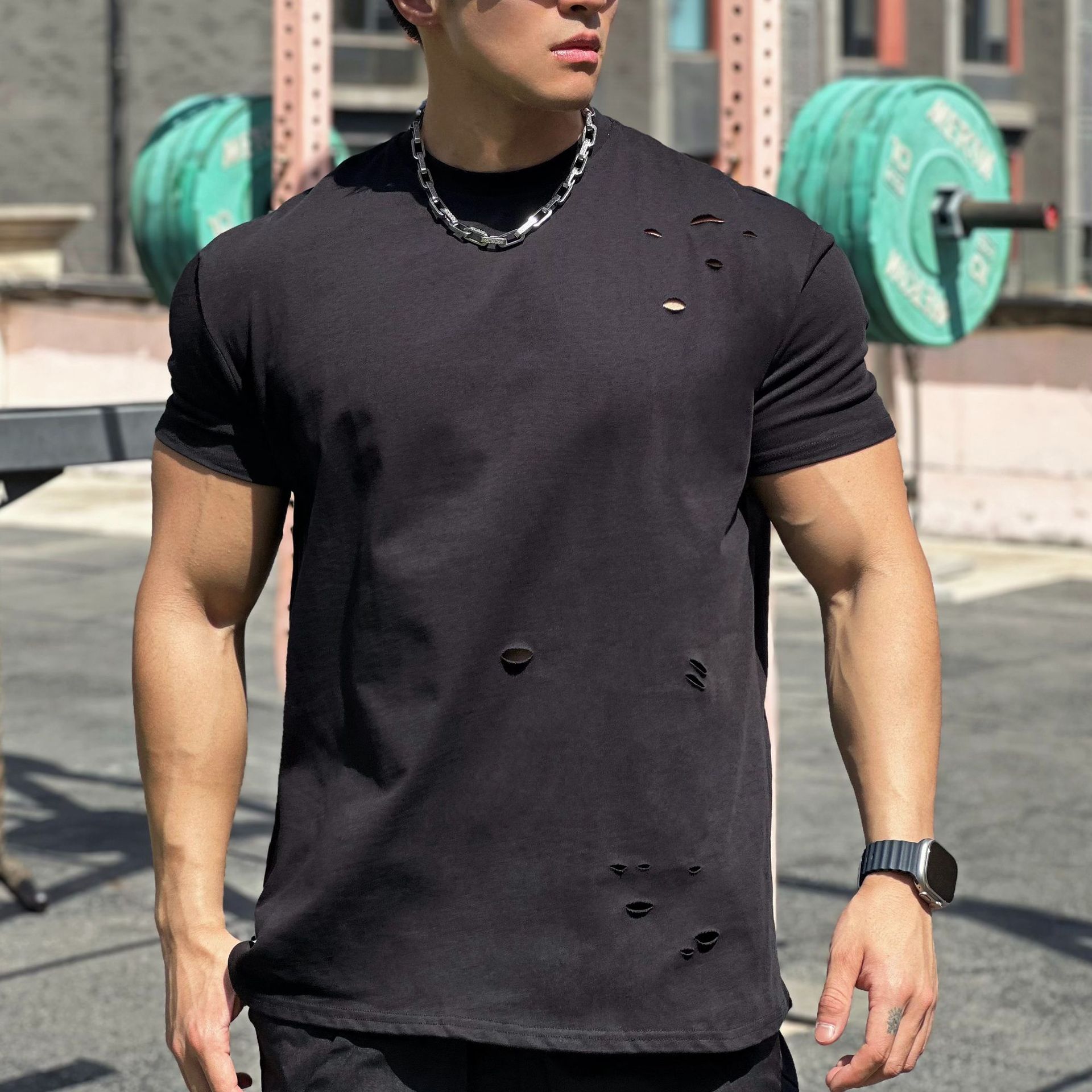Muscle Exercise Loose Cotton Fitness Short Sleeve Men's Basketball Summer Running Training Elastic Sports T-shirt Round Neck