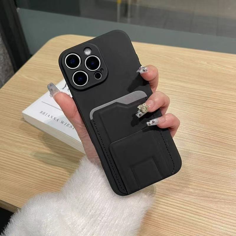 Trendy brand solid color leather single card holder Apple 16promax phone case iPhone 15 12 14Plus 13pro max fashionable