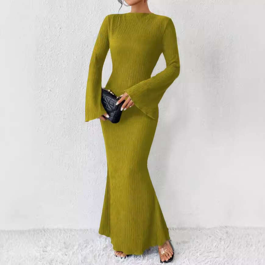 Halter Whit Maxi Dresses New Autumn And Winter Style Women S Fashionable Round Neck Long Sleeved Slim Fit Hip Hugging Dress Prom Sexy Dress