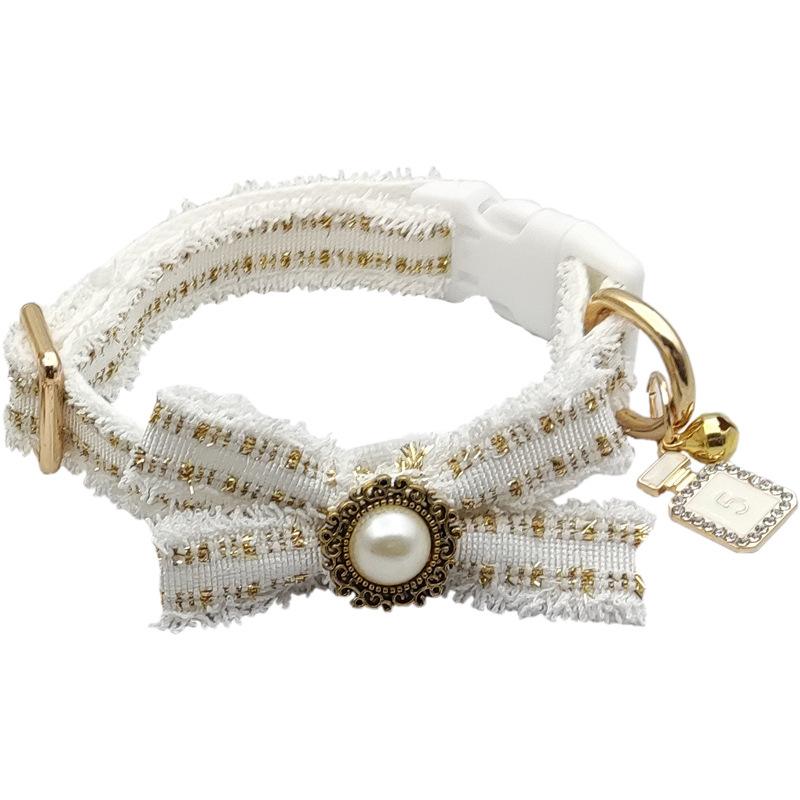 Luxury Princess Style Dog Collar and Leash Set, Unique Soft Handmade Dog Princess Collar with Luxury Bow Exquisite Charm Gold Metal Buckle for Pet Dog