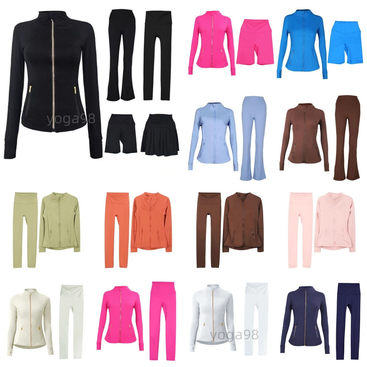 Workout set Gold zip Gym sets Womens Yoga Sets jackets shorts leggings flared Sets Push Up Fitness High Waist Sports Zip Up Coat Sportswear Outfits Gym Tracksuits