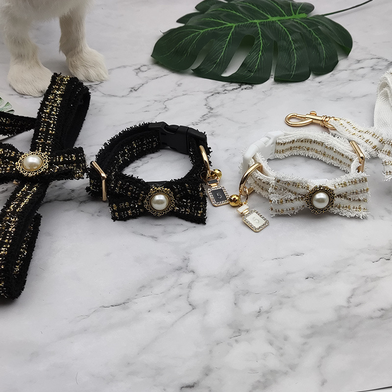Luxury Princess Style Dog Collar and Leash Set, Unique Soft Handmade Dog Princess Collar with Luxury Bow Exquisite Charm Gold Metal Buckle for Pet Dog