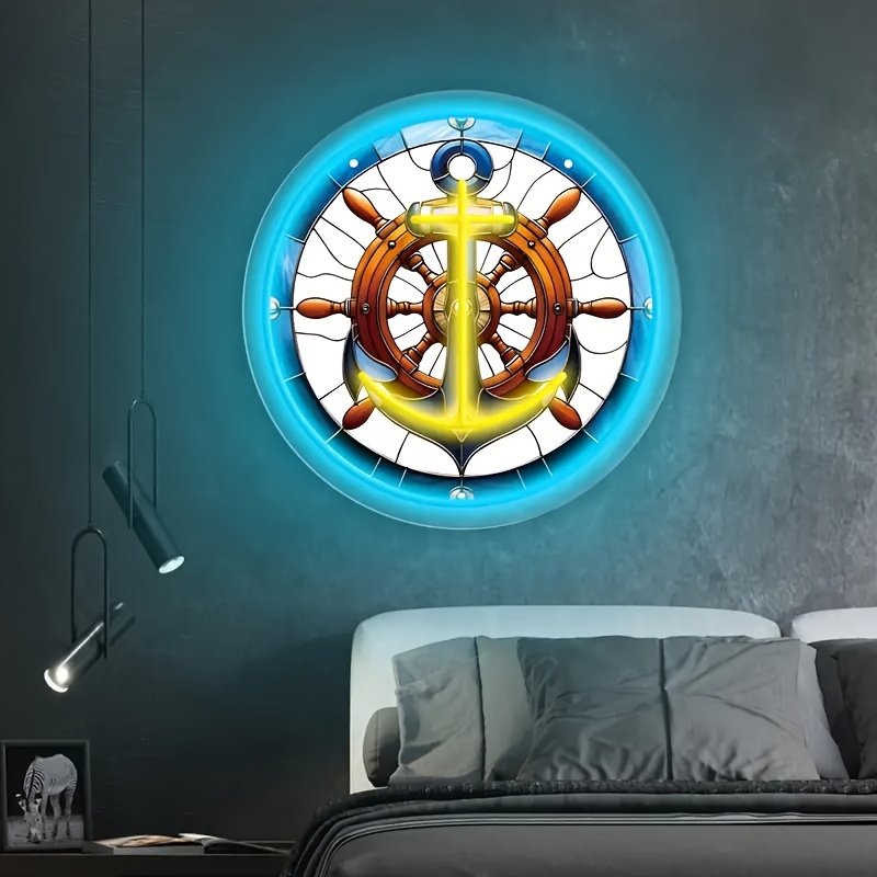 1pc Ocean Rudder LED Neon Light Wall Decor - USB-Powered Adjustable Brightness, UV Printed Underwater Theme with Nautical Wood Texture