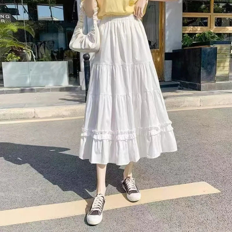 Casual Vintage Women Skirt Matching Chic Ladys White Sweet Girls Cake Elastic Waist ALine Mid Length Flare 250513Z