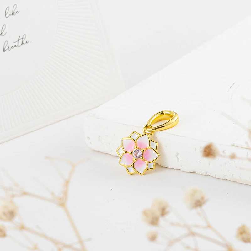 NEW Gold Plated Colourful Bead Jewelry Gift Pink Daisy Flower Cherry Blossom Charm Fit Original Silver 925 Europeans BraceletXJ250523