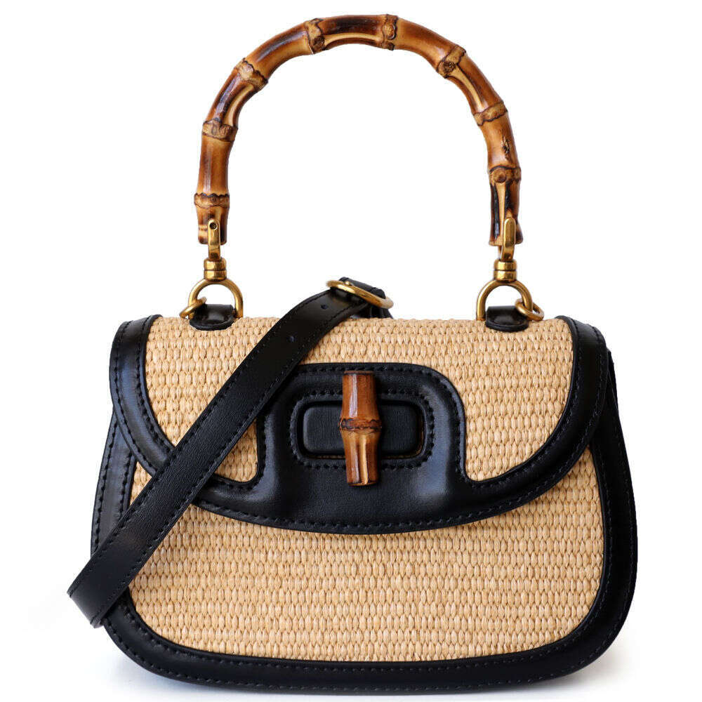 2025 genuine leather splicing grass woven shoulder crossbody bag casual bamboo section fashionable women's bag bamboo handle bags