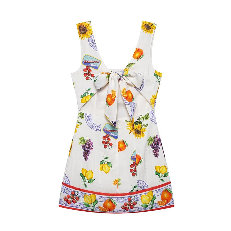 Willshela Women Fashion Printed Back Hollow Out Bow Lace Up Zipper Mini Dress Vintage Straps Square Neck Female Chic Dresses 250522