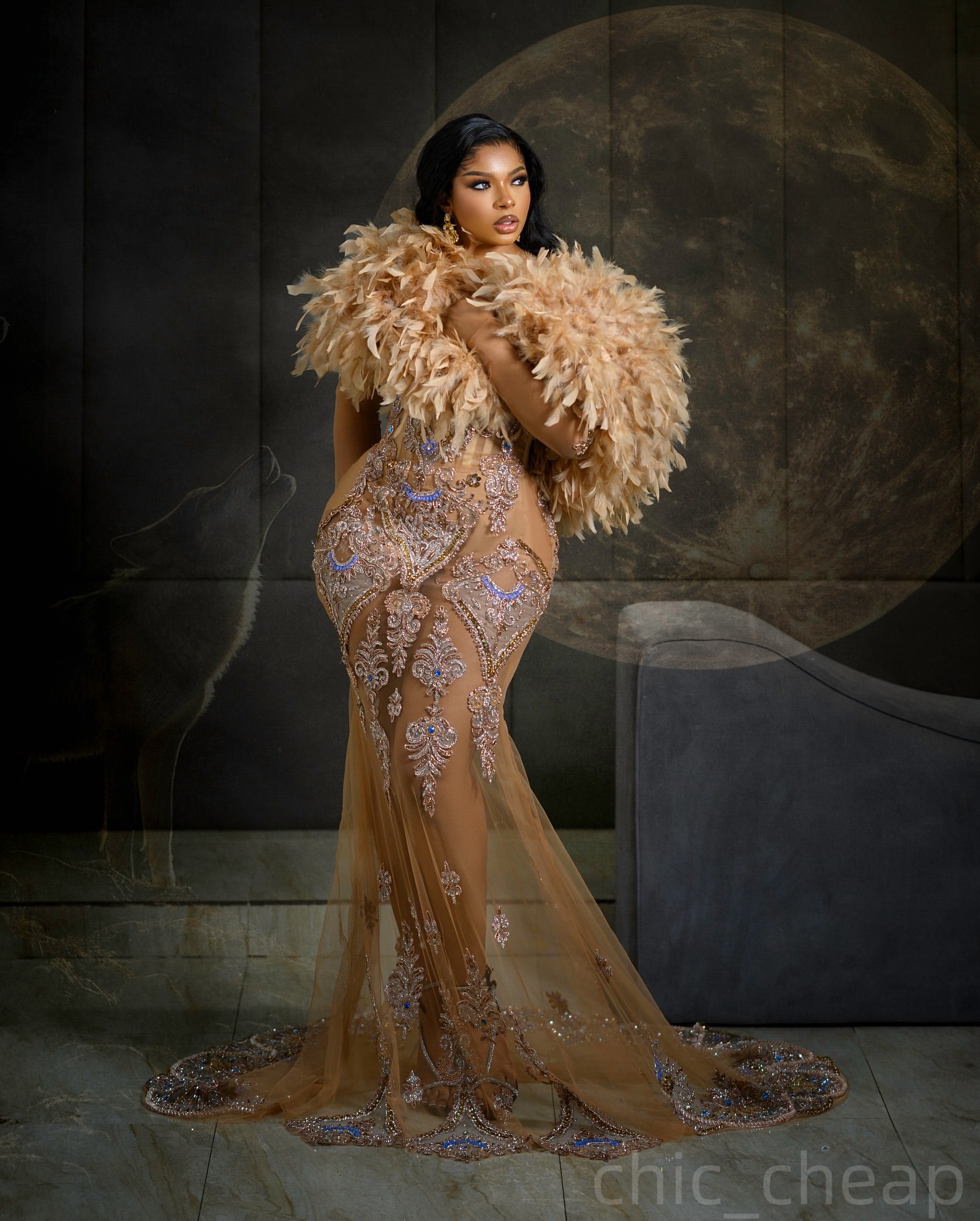 Champagne Mermaid Prom Dresses 2025 Lace Feather Crystals Illusion Evening Formal Party Second Birthday Engagement Gowns Plus Size Dress For Special O