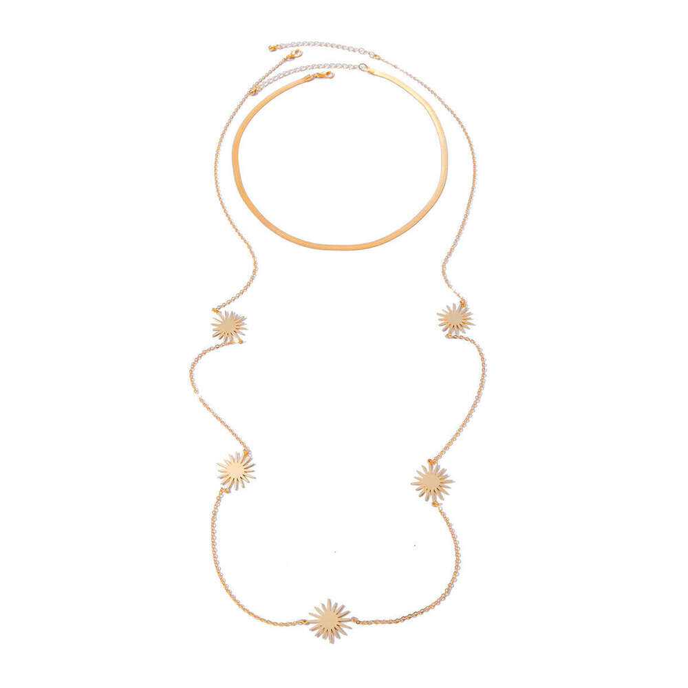 Solar Motif Serpentine Inspired Necklace Set Adjustable Long line Clavicle Chain with Geometric Metal Accents Gold and White K