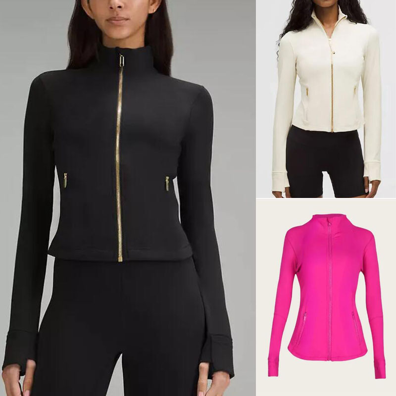 Yoga Jacket Gold Zipper Quick-Drying Outfit Yoga Clothes Designer Long-Sleeve Thumb Hole Training Running Jacket Women Slim Fitness Sports Coat Gym Wear