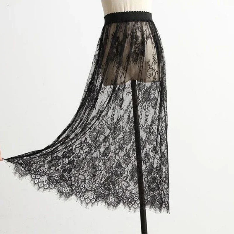 Transparent Sexy Lace Mesh Skirt Elastic High Waist Black White Tulle Mini Skirts Korean Fashion 250513Z