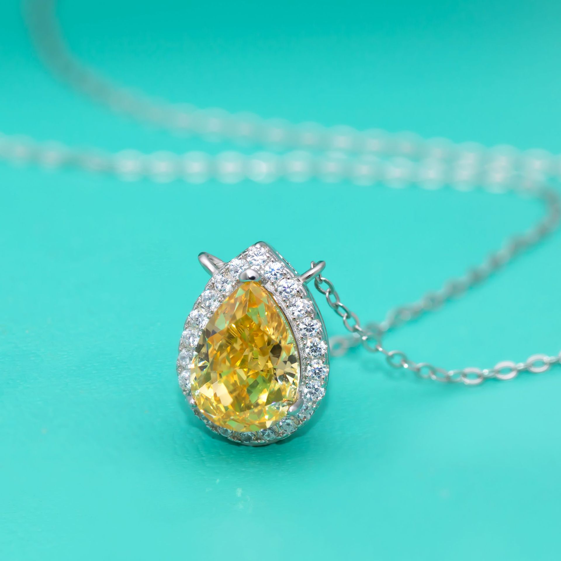 Teardrop Yellow Diamond Necklace, S925 Sterling Silver High Carbon Diamond Pendant, Minimalist Elegant Design, Fashionable Women's Clavicle Chain