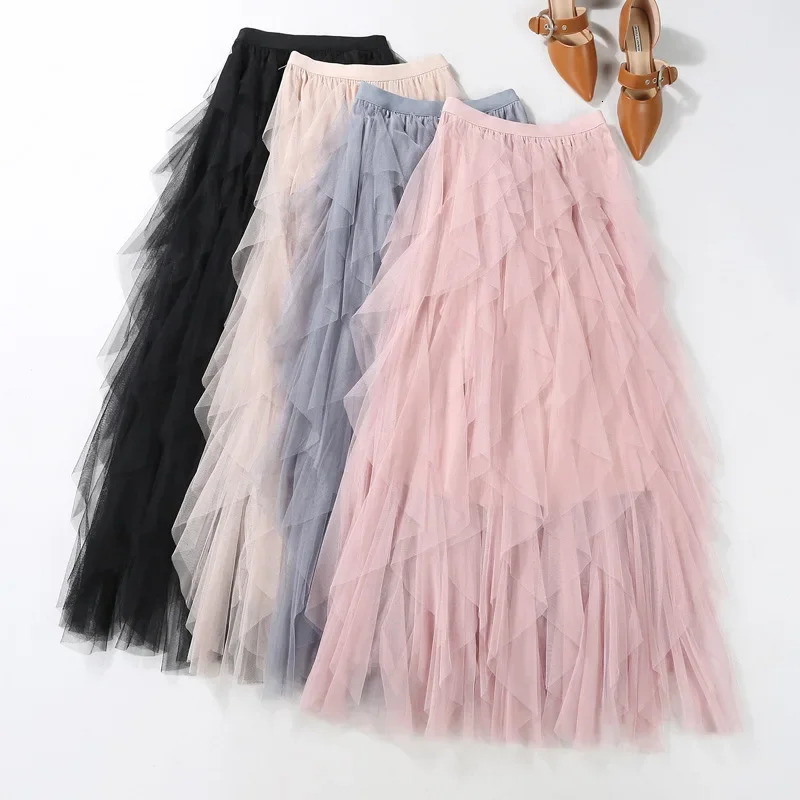 Womens Elastic High Waist Tulle Mesh Irregular Tutu Skirt Summer Girls Party Older Kid Girl Pleated Long Midi Skirts 250513Z