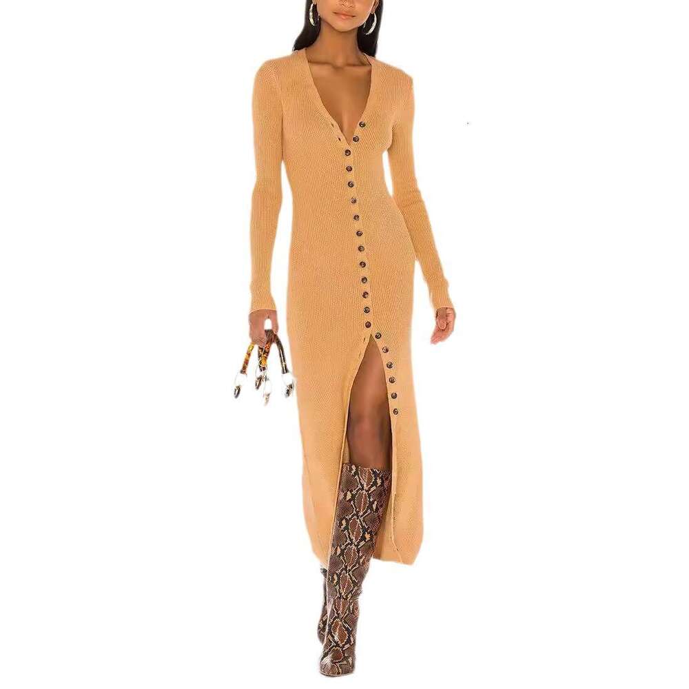 Halter Whit Maxi Dresses Women S Knitted Sleeved Single Breasted Dress With V Neck Slim Fit Long Skirt Prom Sexy Dress