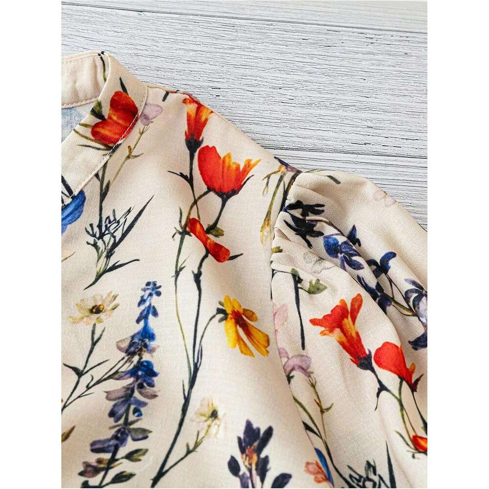 DHessential Women's Floral Notched Blouse Puff Sleeve Ruffle Hem Summer Shirt Tops