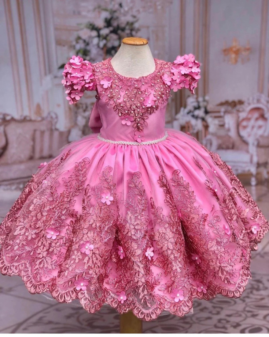 Luxury Pink Flower Girl Dresses Beads With Bow Puffy Kids Birthday Pageant Dress Children Toddler Baby For Wedding Ball Gown