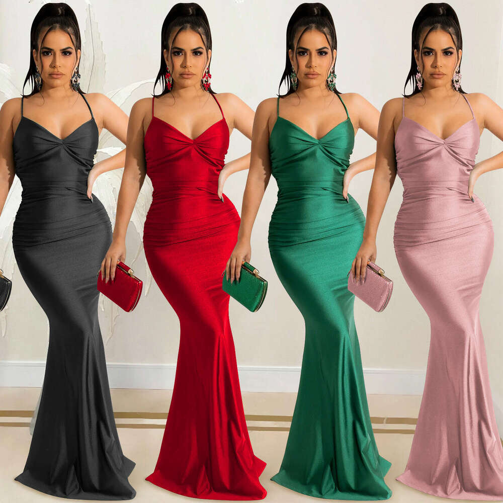 Halter Whit Maxi Dresses Solid Color Sexy Suspender Wrapped Chest And Backless Strap Tight Fitting Long Dress Prom Sexy Dress
