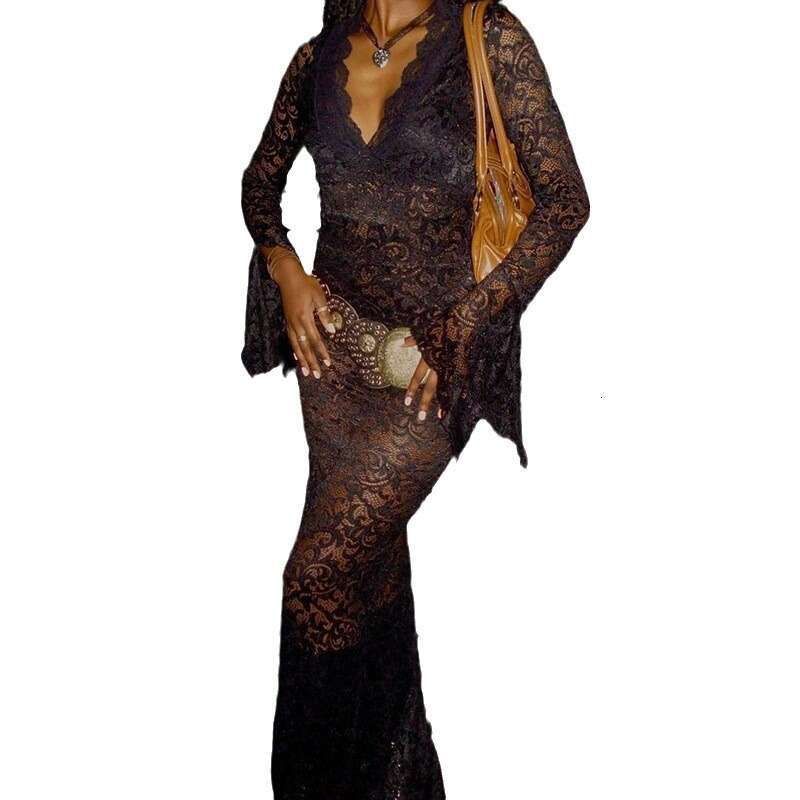Halter Whit Maxi Dresses Hot Selling New Sexy Deep V Lace Pattern Perspective Slim Fitting Sleeved Street Style Long Dress For Women Prom Sexy Dress